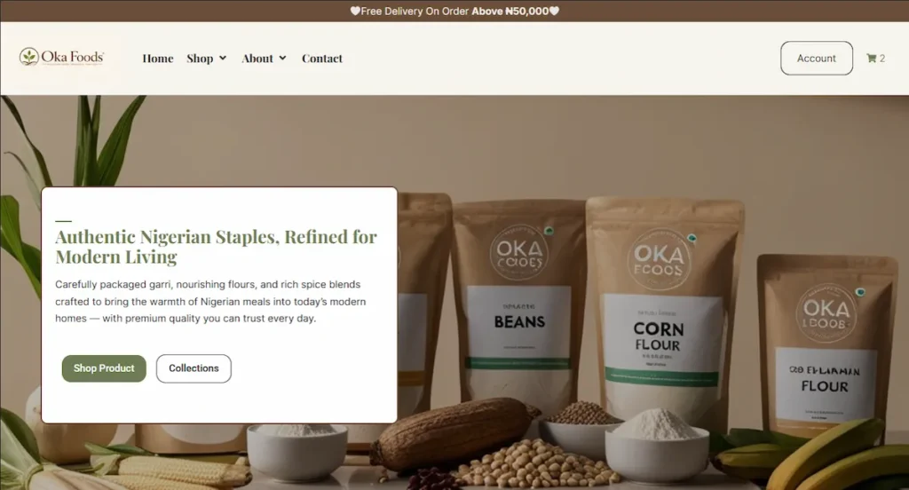 Oka foods e-commerce website home page hero section